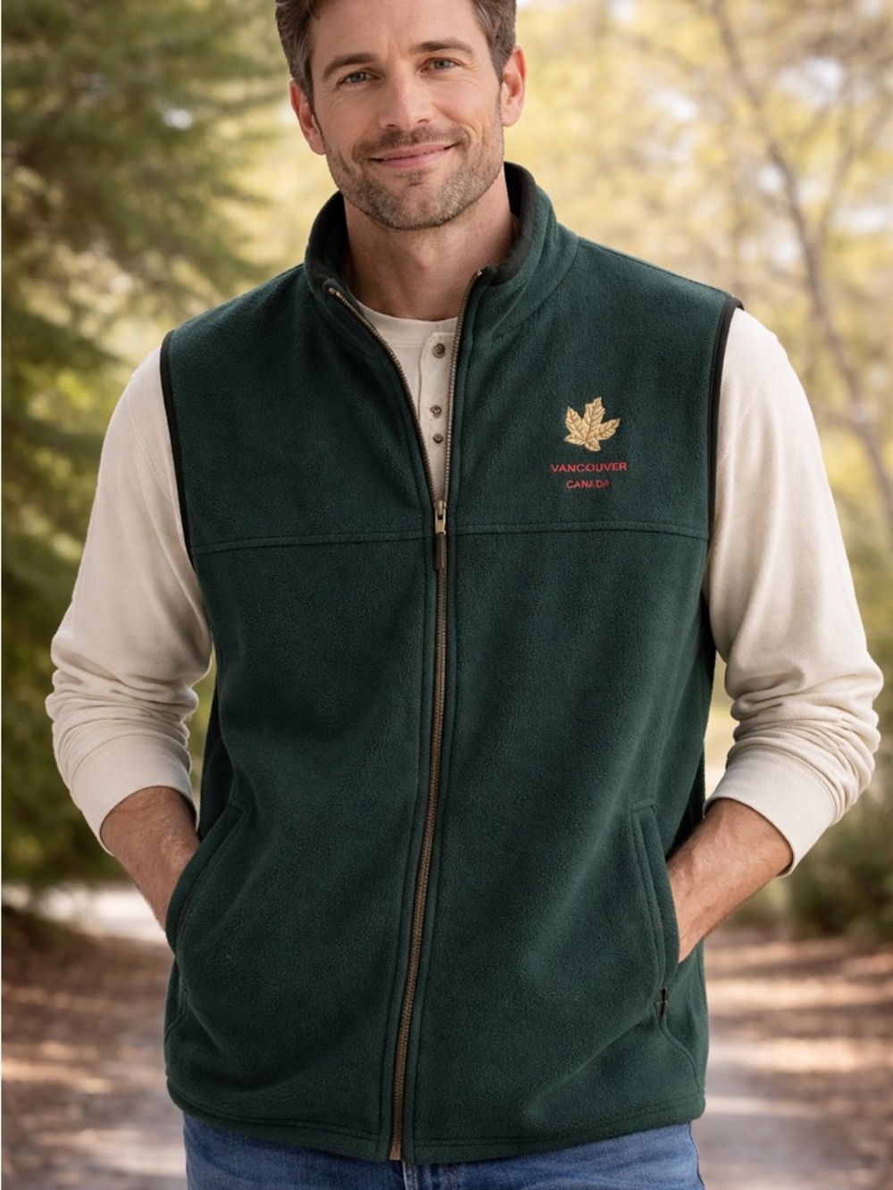 Vancouver Canada Gas Town Fleece Vest XL Forest Green Zip Up Souvenir Outdoor